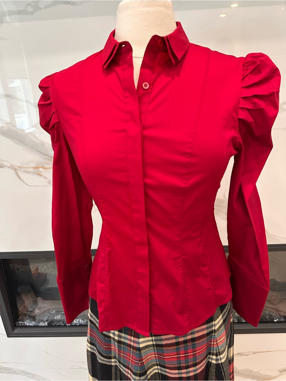 J. Peterman Red Button-Front Puff Sleeve Shirt